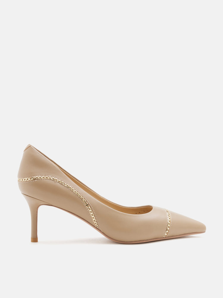 PAZZION, Viv Chain-Trimmed Pointed Leather Flats, Almond