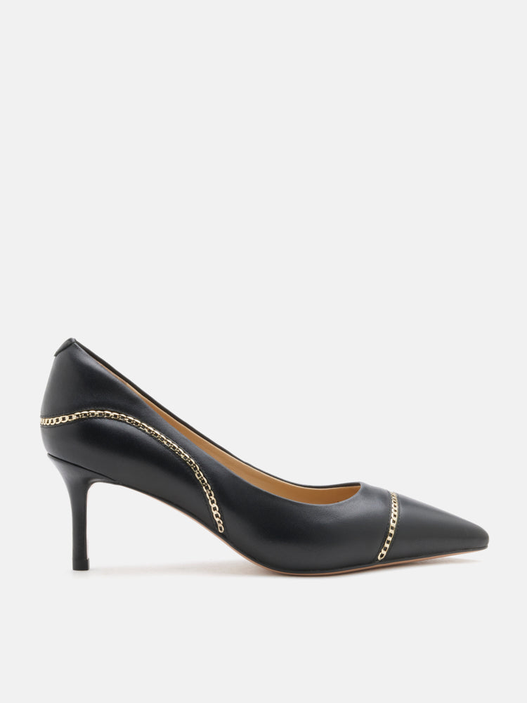 PAZZION, Viv Chain-Trimmed Pointed Leather Flats, Black