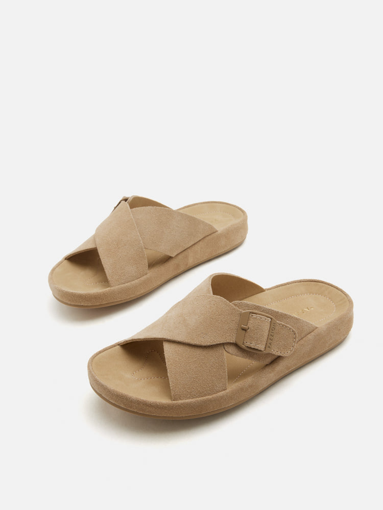 PAZZION, Vivi Criss Cross Suede Slides, Almond