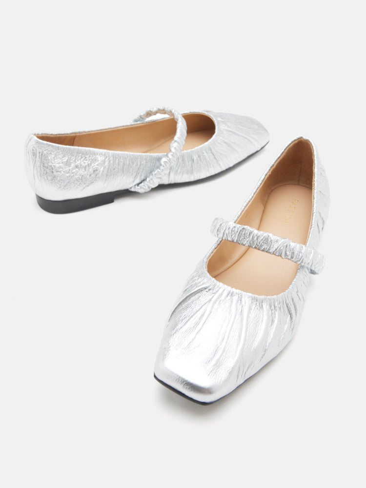 PAZZION, Vivianne Metallic Ruched Strap Flats, Silver