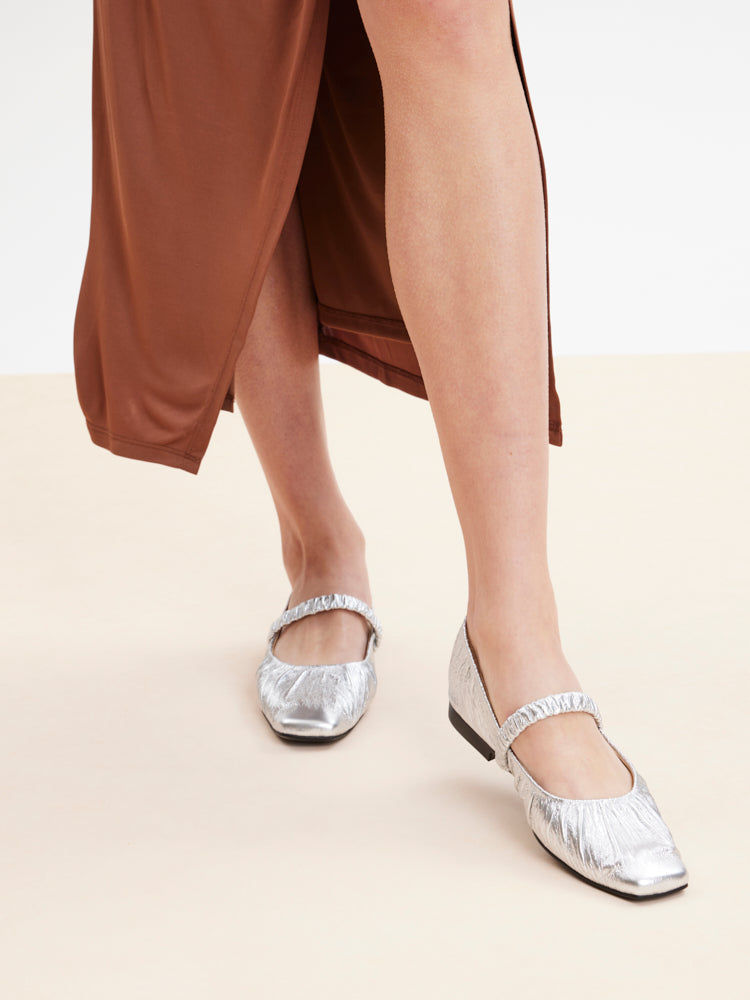 PAZZION, Vivianne Metallic Ruched Strap Flats, Silver
