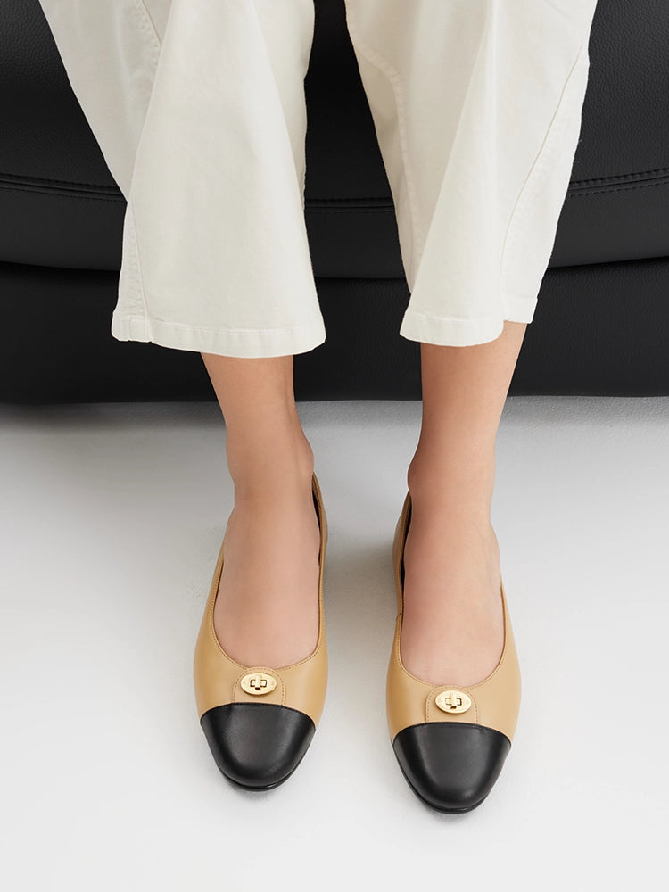 PAZZION, Vowen Cap Toe Leather Flats, Almond