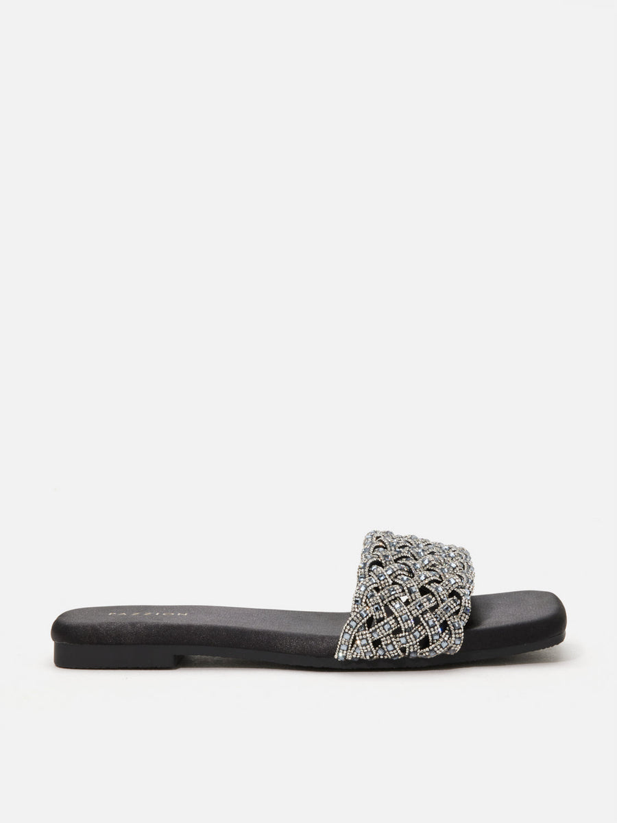 PAZZION, Wilda Crystal Embellished Slides, Black