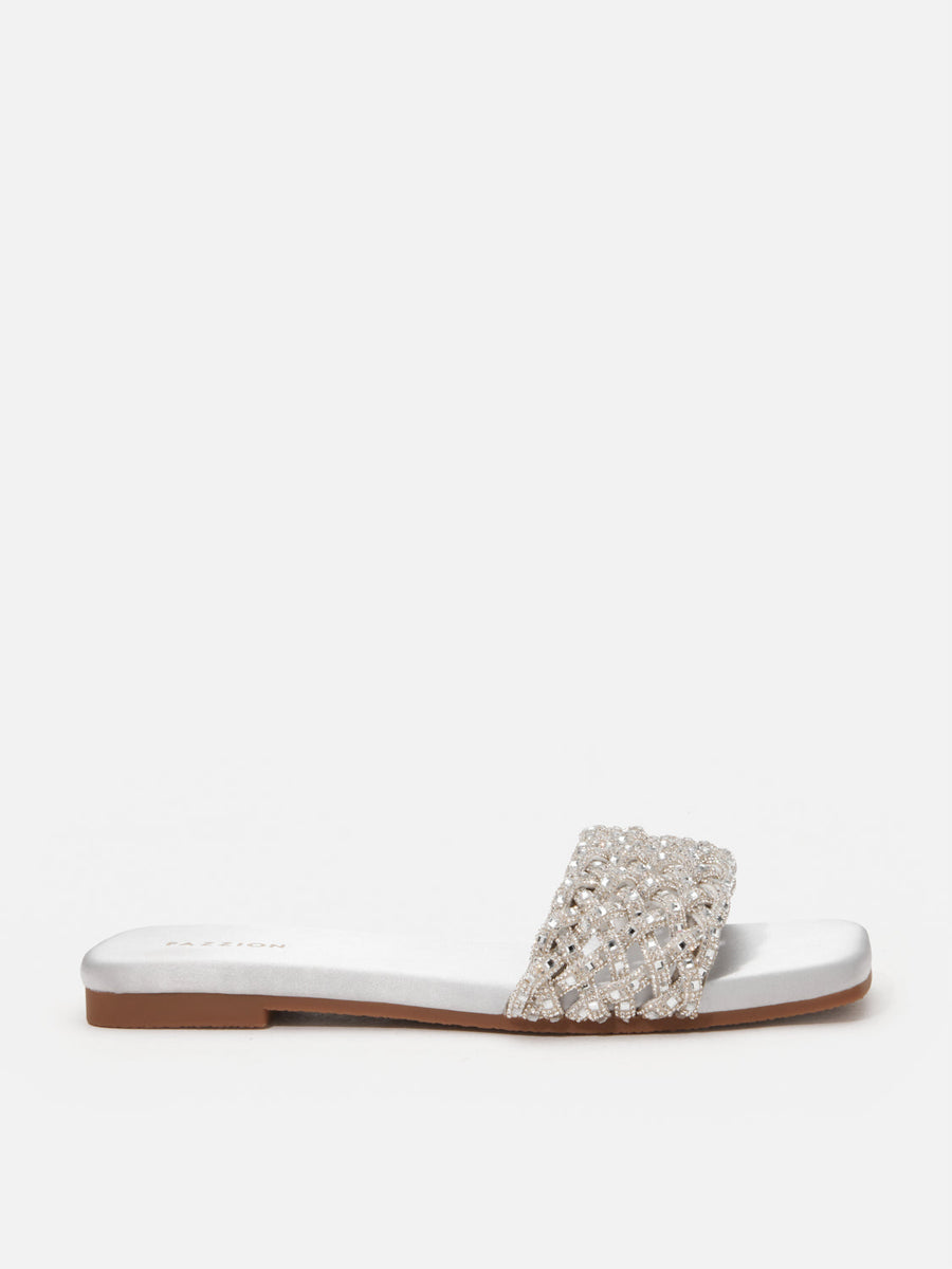 PAZZION, Wilda Crystal Embellished Slides, Silver