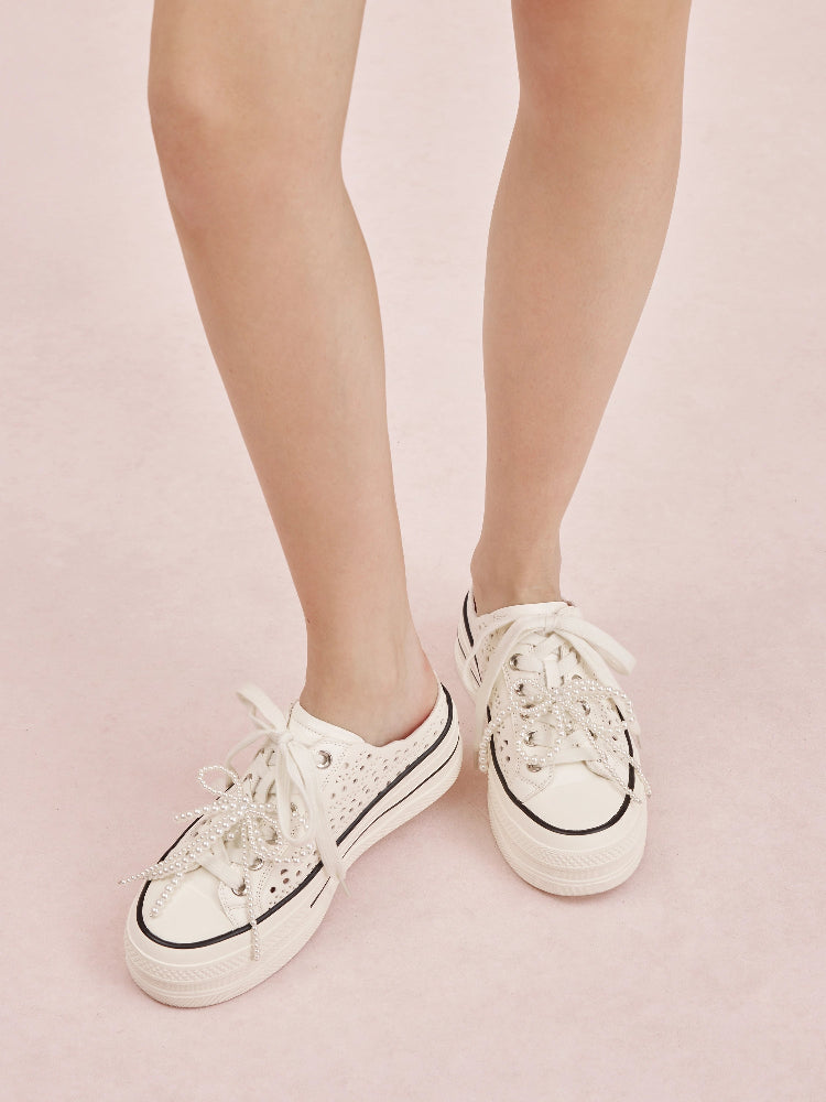 PAZZION, Wilhelmina Slip-on Pearl Bow Sneakers, White