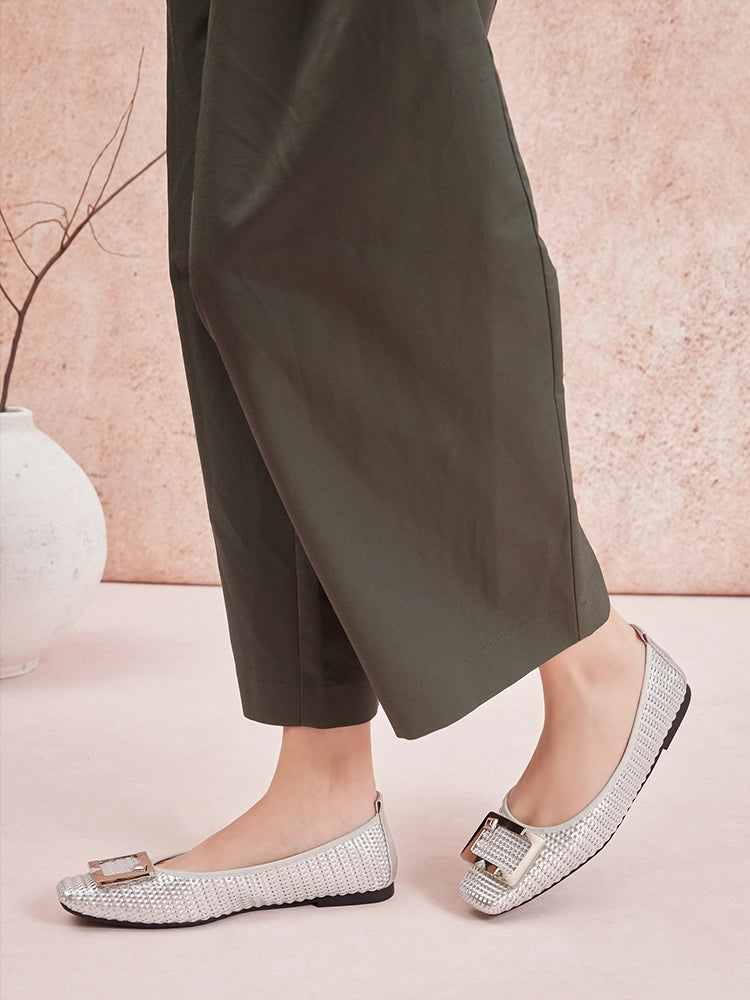 PAZZION, Wren Buckle Woven Foldable Flats, Silver