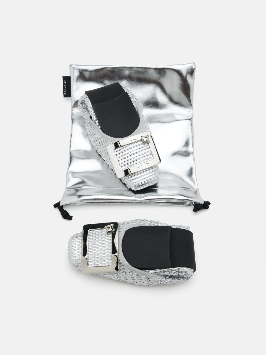 PAZZION, Wren Buckle Woven Foldable Flats, Silver