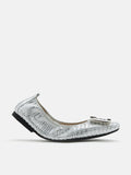 PAZZION, Wren Buckle Woven Foldable Flats, Silver