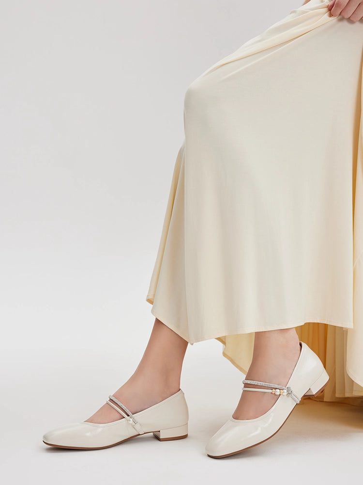 PAZZION, Wynessa Crystal & Pearl Strap Leather Mary Jane Heels, Beige