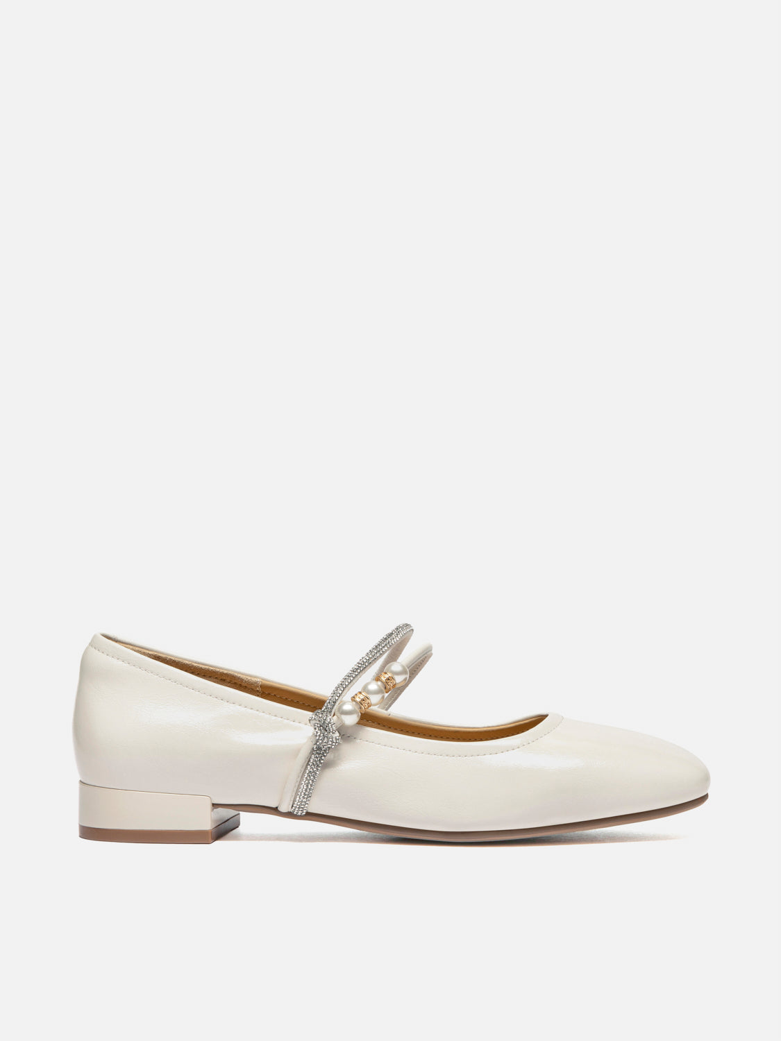 PAZZION, Wynessa Crystal & Pearl Strap Leather Mary Jane Heels, Beige