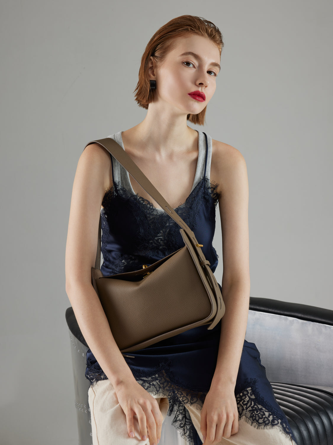PAZZION, Yelivienne Twist Lock Leather Shoulder Bag, Khaki