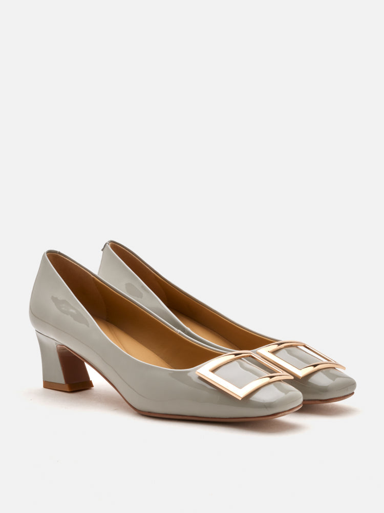 PAZZION, Yvette Buckle Square-Toe Pump Heels, Grey