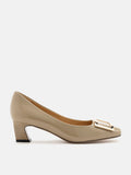 PAZZION, Yvette Buckle Square-Toe Pump Heels, Khaki