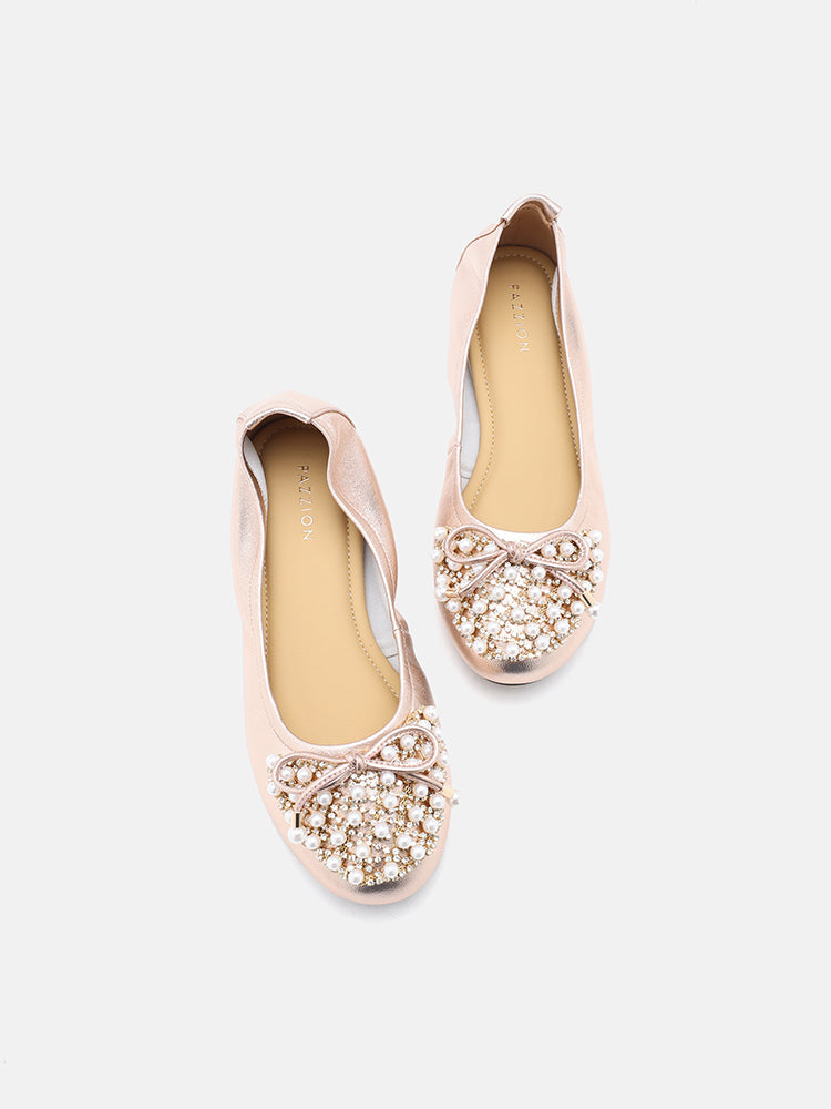 PAZZION, Zoelle Pearls and Crystal Encrusted Bow Flats, Champagne