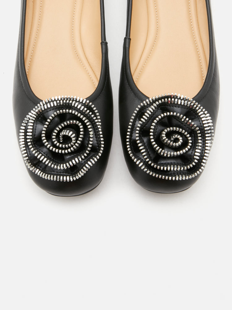 PAZZION, Zosia Zipper Rose Ballet Flats, Black