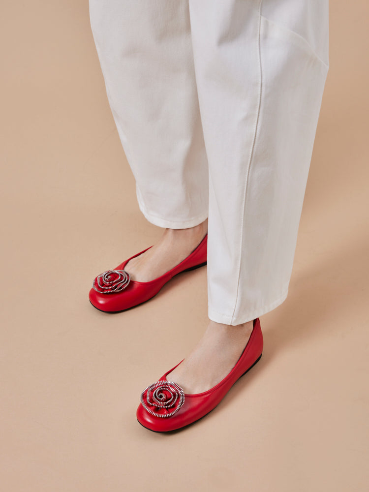 PAZZION, Zosia Zipper Rose Ballet Flats, Red